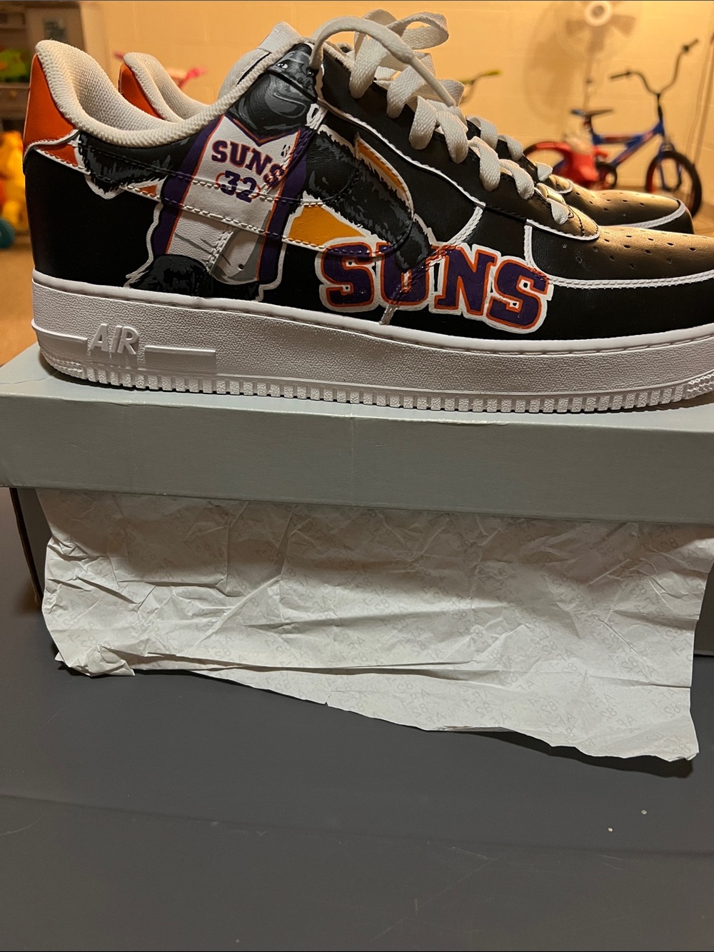 Nike, Air Force One Custom Black & Orange Suns Graphic Sneakers Sz 14